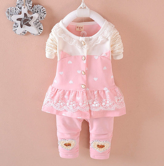 Sweet Lace Baby Girl Outfit Set – Cotton Top & Pants 2-Piece Set for Toddlers