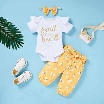 Infant Baby Girl “Sweet Bee” 3-Piece Outfit Set – Letter Print Romper, Bee Pants & Bow Headband