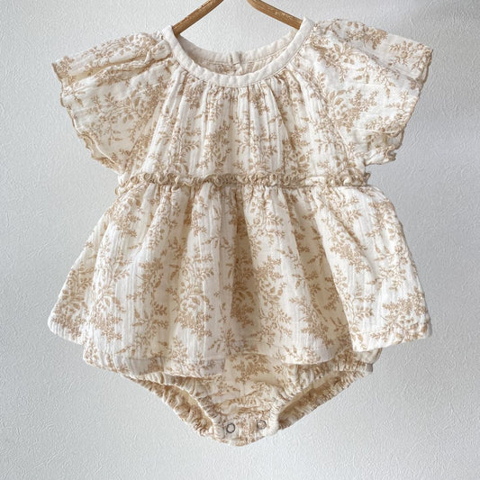 Baby Girl Muslin Floral Bubble Romper Dress – Gauze Cotton, Flutter Sleeves, Sizes 0–24 Months