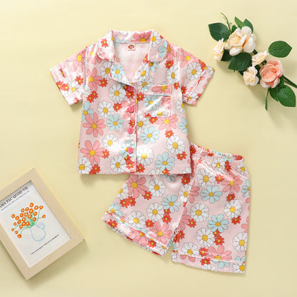 Toddler Girls' Satin Pajama Set – Floral Print Button-Front Short Sleeve Top & Shorts (12 Months–6 Years)