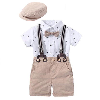 Baby Boy Sailboat Print Shirt Bodysuit & Suspender Shorts Gentleman Set with Newsboy Hat – Sizes Newborn–24 Months