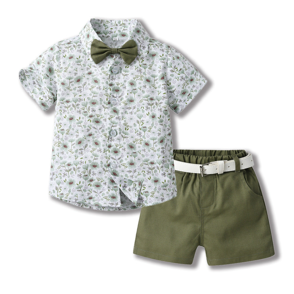 Toddler & Little Boys' Floral Button-Down Shirt & Shorts Set with Bow Tie and Belt – Sizes 3 Months–6 Years