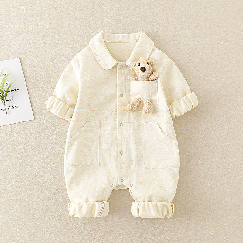 Baby Denim Jumpsuit with Teddy Bear – High-Quality Cotton Romper for Infants