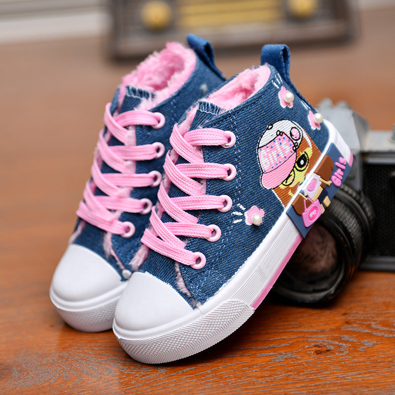 Girls’ High-Top Canvas Sneakers – Cute Cartoon Design, Comfy & Durable
