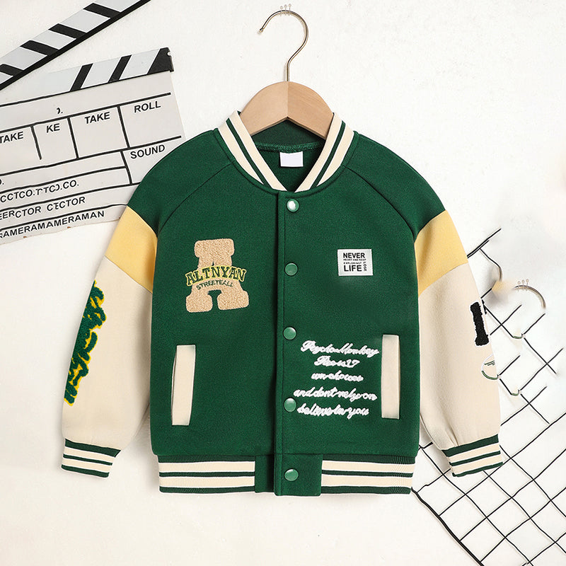 Toddler Unisex Varsity Embroidered Letter Jacket – Soft, Sporty & Play-Ready