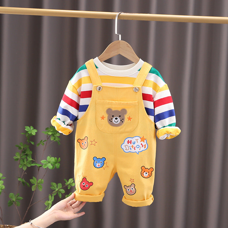 Toddler Boy 2-Piece Outfit Set – Rainbow Stripe Long-Sleeve Tee & Cartoon Bear Suspender Pants (6 Months–5 Years)