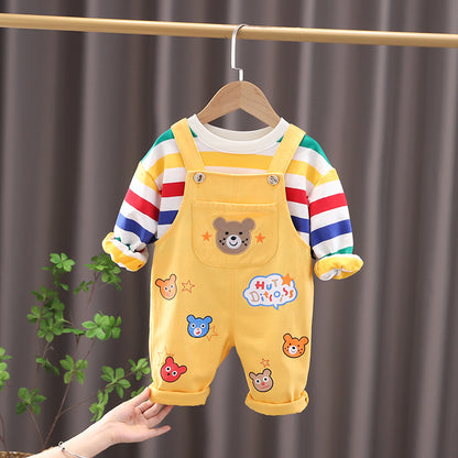 Toddler Boy 2-Piece Outfit Set – Rainbow Stripe Long-Sleeve Tee & Cartoon Bear Suspender Pants (6 Months–5 Years)