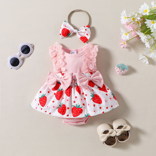 Baby Girl Strawberry Print Lace-Sleeve Romper Dress with Bow & Headband