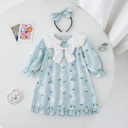 Blue Bunny Print Ruffle Collar Romper and Dress Set with Headband – Baby & Toddler Girl