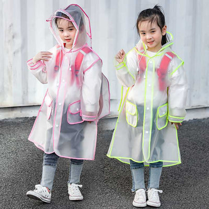 Transparent Kids' Raincoat with Built-In Backpack Cover – School Rain Jacket with Colored Trim