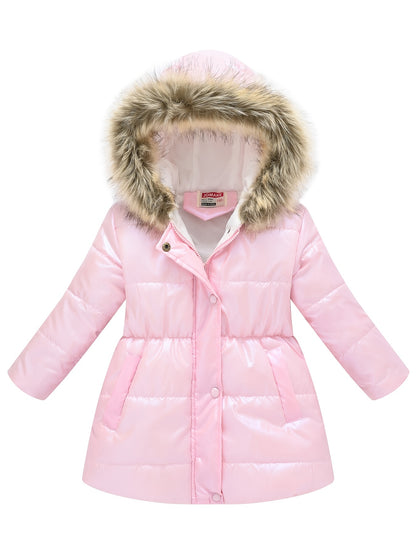 Girls’ Mid-Length Puffer Coat with Faux-Fur Hood (Winter Jacket)