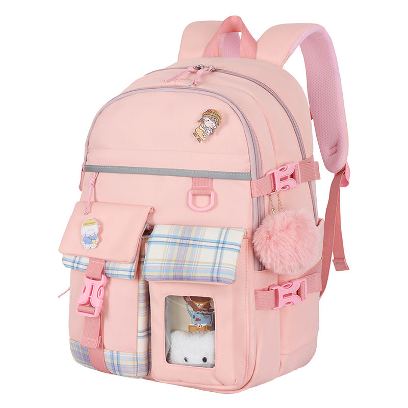 Cute Lightweight Kids School Backpack with Pockets + Pom-Pom Charm (Nylon)
