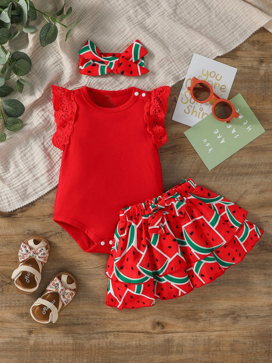 Watermelon Ruffle Bodysuit, Skirt & Bow Headband Set