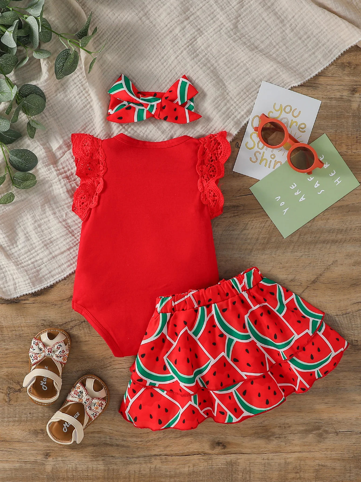 Watermelon Ruffle Bodysuit, Skirt & Bow Headband Set