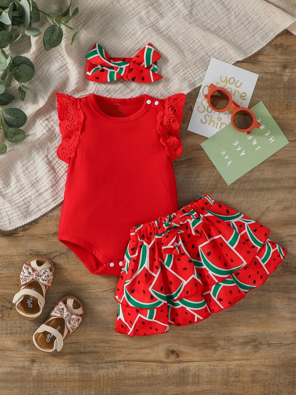 Watermelon Ruffle Bodysuit, Skirt & Bow Headband Set