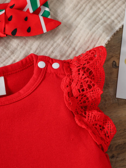 Watermelon Ruffle Bodysuit, Skirt & Bow Headband Set