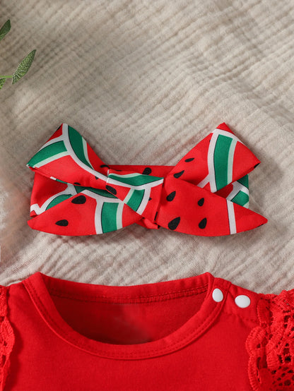Watermelon Ruffle Bodysuit, Skirt & Bow Headband Set
