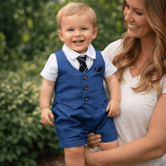 Baby Boy's Gentleman Romper with Vest & Tie | One-Piece Short-Sleeve Dress Suit Bodysuit
