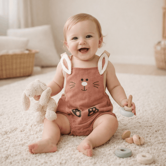 Baby Corduroy Bunny Romper with 3D Ear Straps | Snap-Close Sleeveless Bodysuit in Pink or Mustard