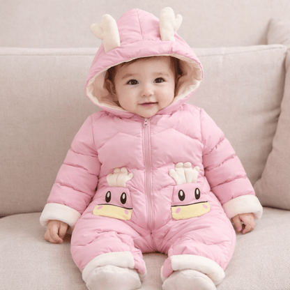 Baby Deer Hooded Snowsuit | Plush-Lined Insulated Winter Jumpsuit with Antler Hood & Zip Front