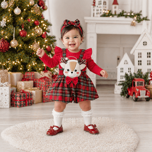 Baby Girl Christmas Ruffle Romper & Plaid Suspender Skirt Set with Headband