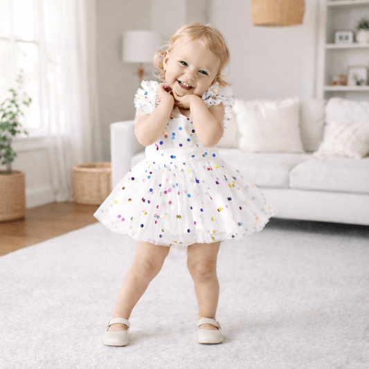 Baby Girl Confetti Dot Tulle Romper Dress – Flutter Sleeves & Rainbow Sequin Print, Sizes 0–3 Years
