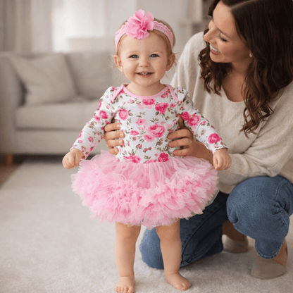 Baby Girl Damask & Print Tutu Romper Dress with Flower Headband