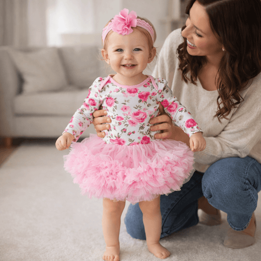 Baby Girl Damask & Print Tutu Romper Dress with Flower Headband