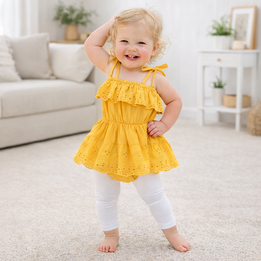 Baby Girl Eyelet Lace Tie-Strap Romper Dress (Yellow or White)