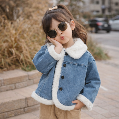 Baby Girl Fleece-Lined Denim Jacket with Button Front – Cozy Winter Coat (6 Months–3 Years)