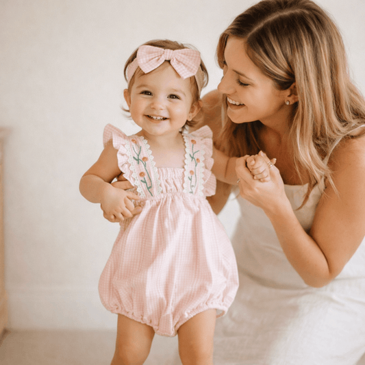 Baby Girl Floral Embroidered Gingham Bubble Romper & Headband Set