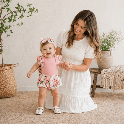 Baby Girl Flutter-Sleeve Romper & Printed Bloomer Shorts Set — Floral, Plaid & Heart Styles