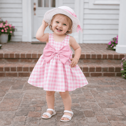 Baby Girl Gingham Bow Dress & Sun Hat Set