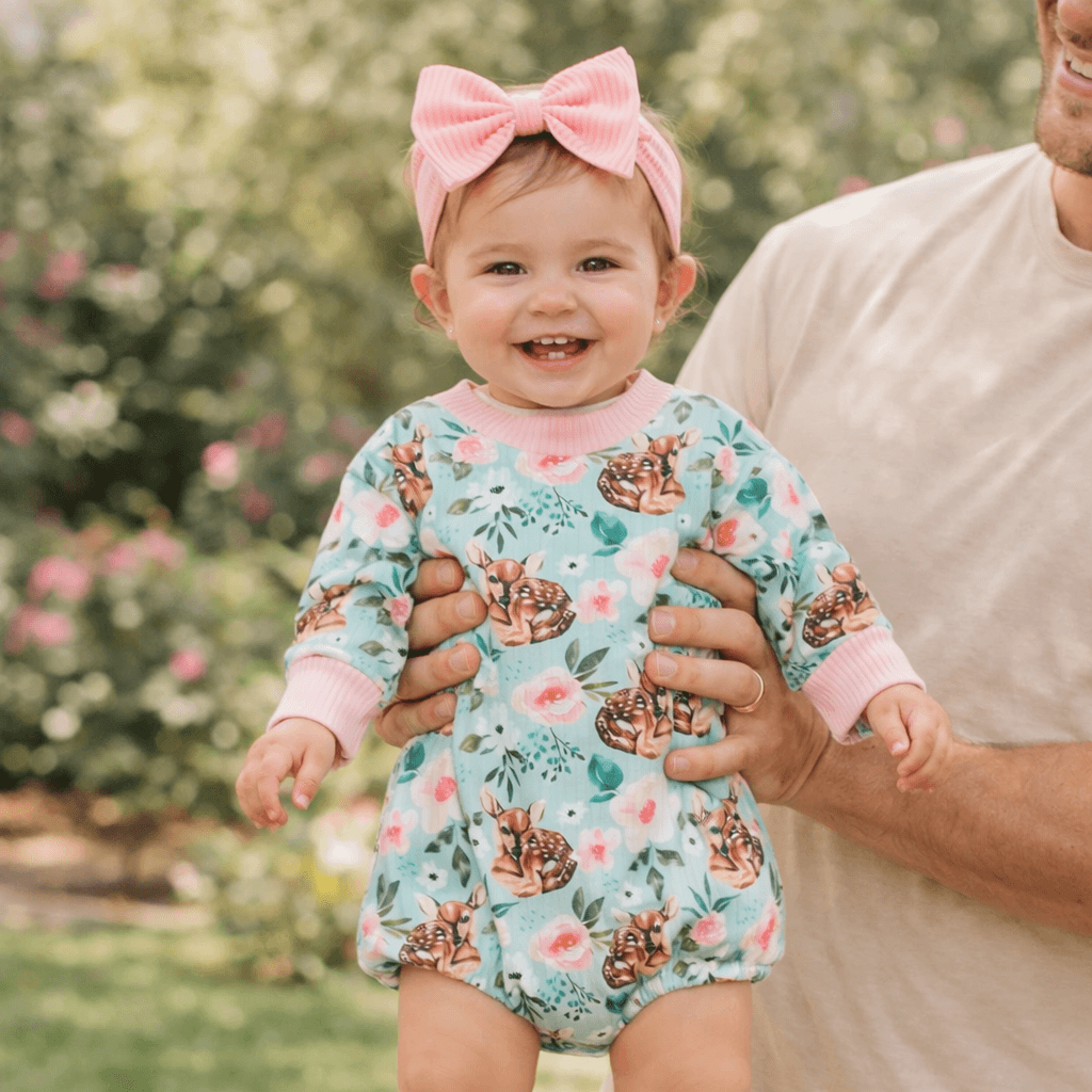 Baby Girl Printed Sweatshirt Bubble Romper & Bow Headband Set – Long Sleeve, Sizes Newborn–24 Months