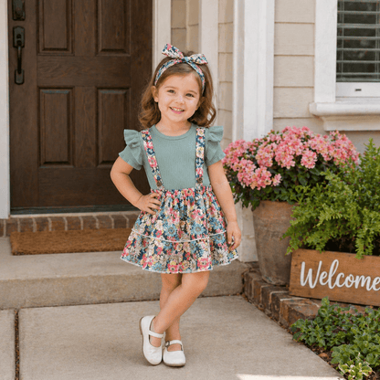 Baby Girl Ribbed Flutter-Sleeve Romper & Floral Suspender Skirt Set with Headband