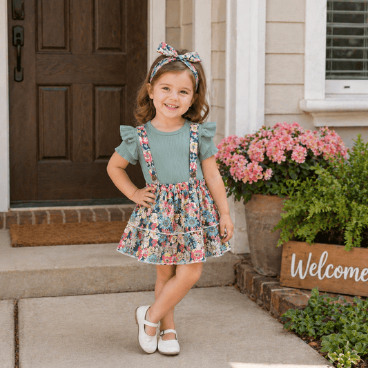Baby Girl Ribbed Flutter-Sleeve Romper & Floral Suspender Skirt Set with Headband