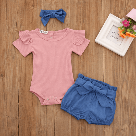 Baby Girl Ribbed Flutter-Sleeve Romper & Floral Bloomer Shorts Set with Headband