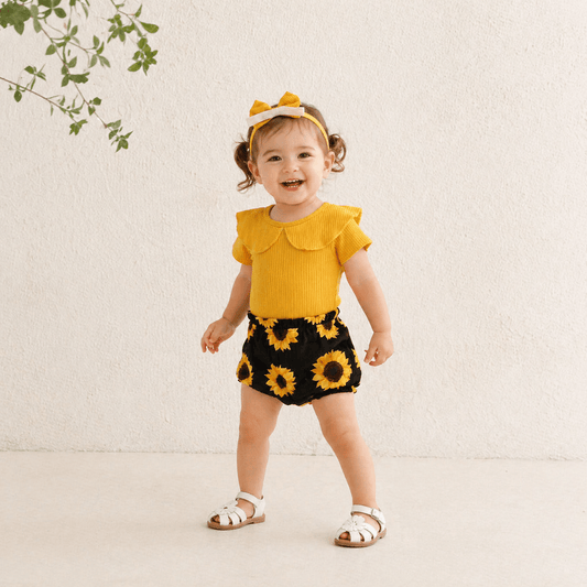 Baby Girl Ribbed Flutter-Sleeve Romper & Printed Bloomer Shorts Set with Headband