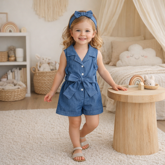 Baby Girl Sleeveless Denim Romper with Bow Headband – Soft Cotton One-Piece Summer Outfit (1–3 Years)