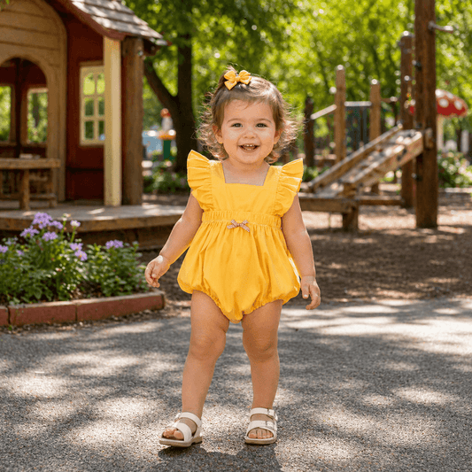 Baby Girl Solid Ruffle Flutter-Sleeve Bubble Romper with Gingham Bow
