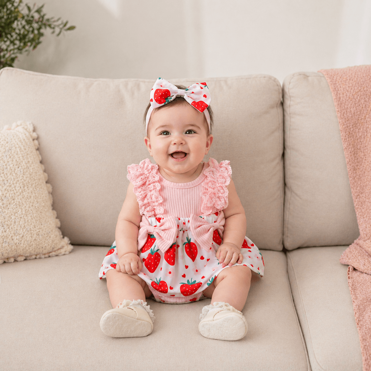 Baby Girl Strawberry Print Lace-Sleeve Romper Dress with Bow & Headband