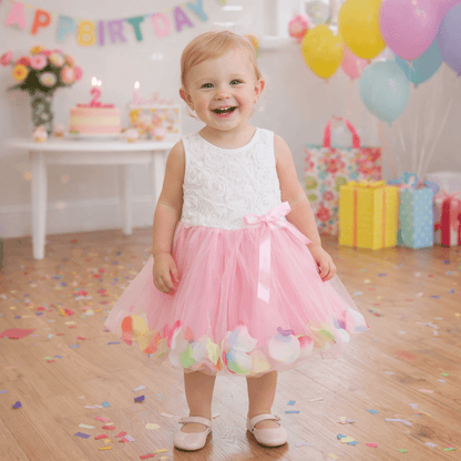 Baby Girl's 3D Rose Bodice Tutu Dress with Petal Hem | Pearl & Bow Sleeveless Party Dress