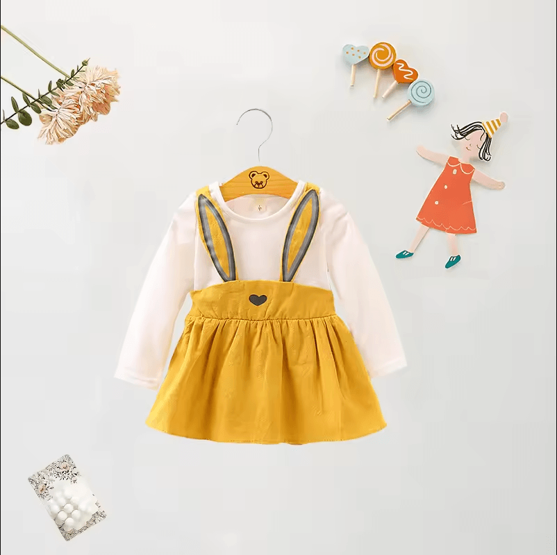 Baby Girls' Bunny Ear Overlay Dress – Long-Sleeve Cotton A-Line for Infants & Toddlers