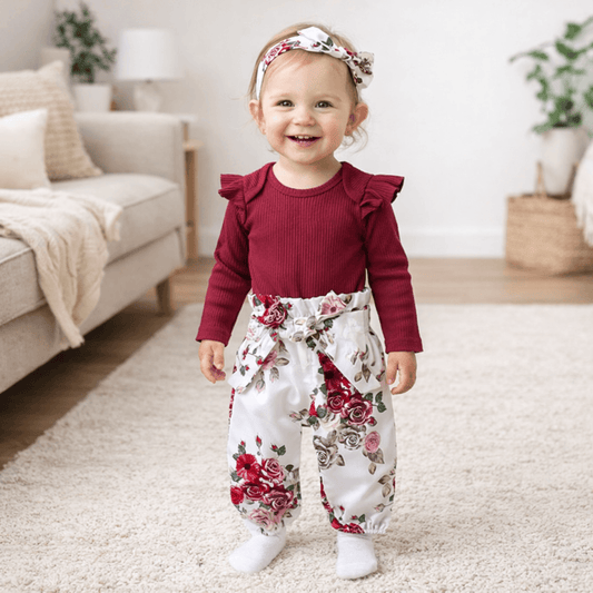 Baby Girls' Ribbed Ruffle Romper & Floral Pants Set – 3-Piece Cotton Outfit with Headband