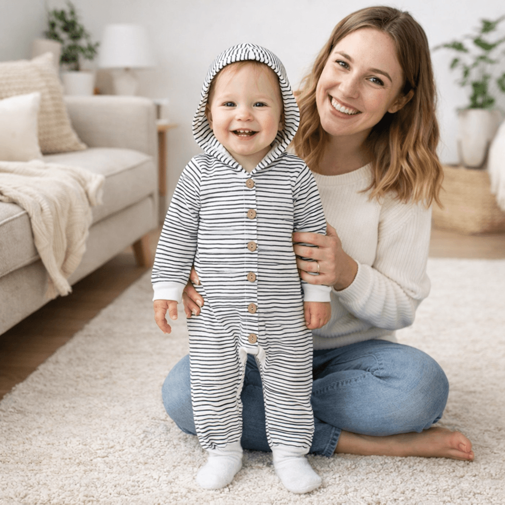 Baby Striped Hooded Romper with Button-Front & Long Sleeves
