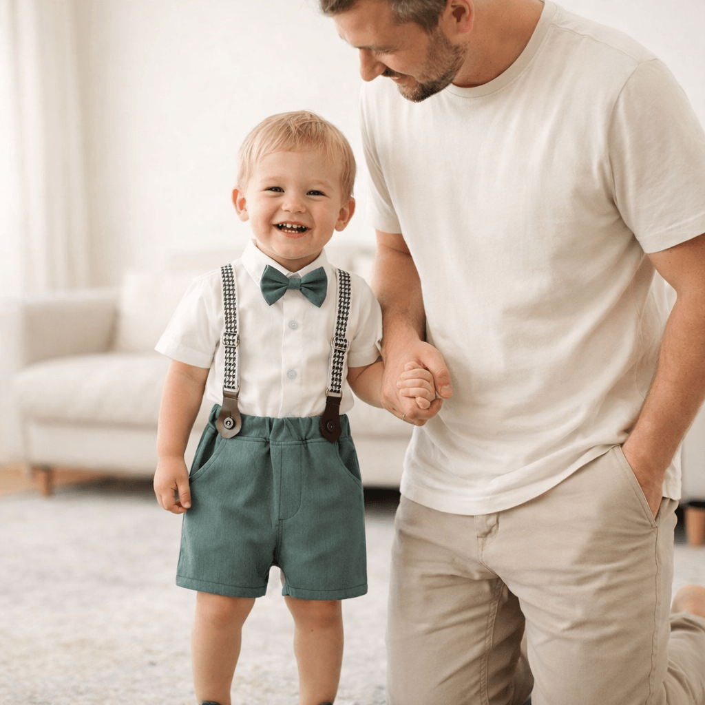 Toddler & Little Boys' White Shirt & Suspender Shorts Gentleman Set – Bow Tie & Houndstooth Braces, Sizes 3 Months–6 Years