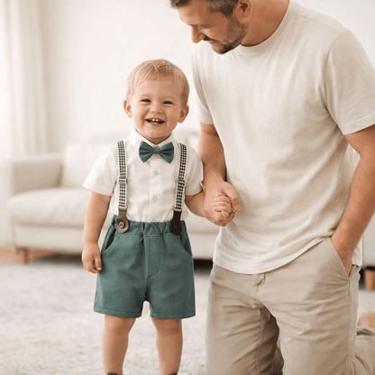 Toddler & Little Boys' White Shirt & Suspender Shorts Gentleman Set – Bow Tie & Houndstooth Braces, Sizes 3 Months–6 Years
