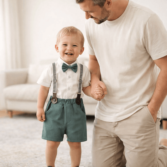 Toddler & Little Boys' White Shirt & Suspender Shorts Gentleman Set – Bow Tie & Houndstooth Braces, Sizes 3 Months–6 Years
