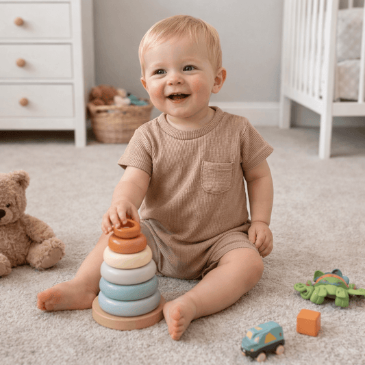 Baby & Toddler Ribbed Cotton Romper, Tee & Shorts – Loose Short-Sleeve Waffle-Knit Set in Neutral Tones