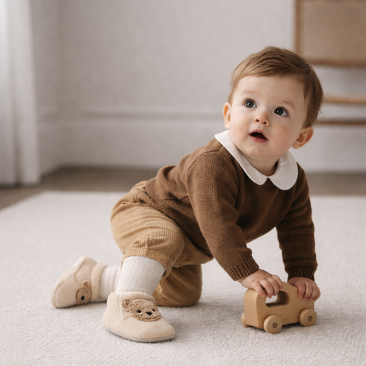 Baby Winter Moccasin Socks – Soft First Walker Booties with Teddy Bear Detail (0–12 Months)